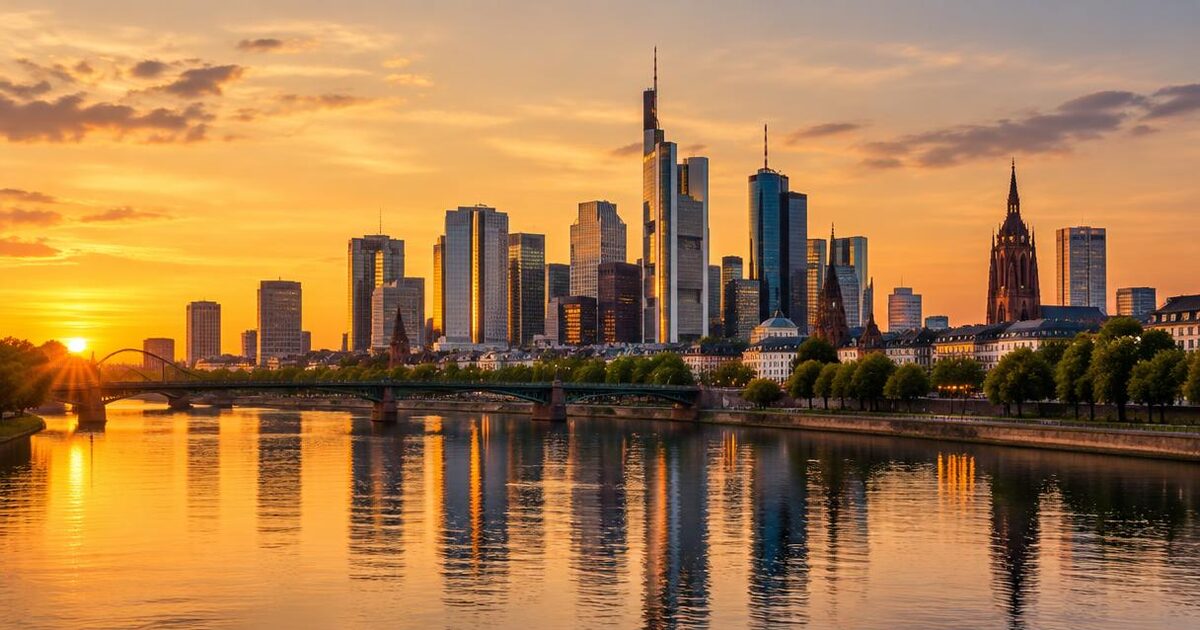 Skyline of Frankfurt am Main and preparations for the Umrah journey
