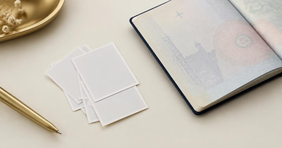 Reisepass und biometrisches Passfoto für den Visumantrag vorbereitet auf einem Tisch